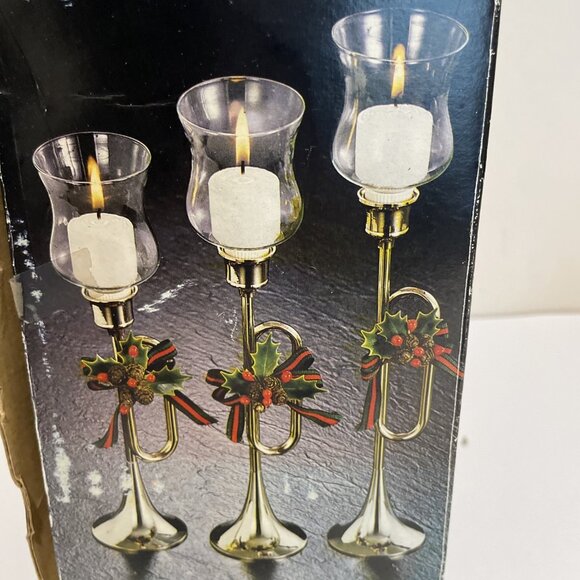 Vintage Brass Bugle Horn Candle Holders Set of 3 Christmas Holiday 7, 8, 9" NEW - Picture 2 of 4